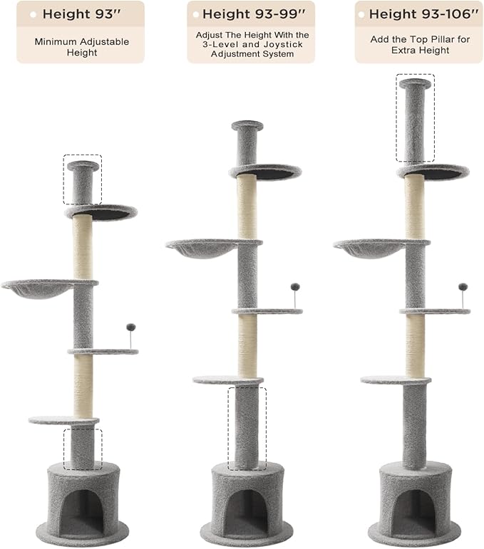Made4Pets Floor to Ceiling Cat Tree 93-106'',Tall Cat Tower 5 Tiers,Adjustable Height, Stable Cat Tree Tower with Scratching Posts, Fluffy Condo, Hammock and Ball Toy for Indoor Cats/Kitten, Gray