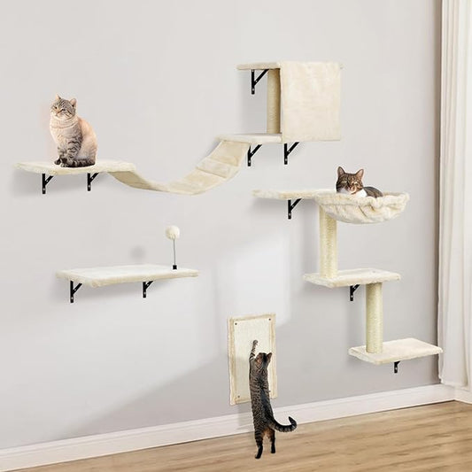 Cat Wall Furniture,Wall-Mounted Cat Climber Set with Cat Wall Shelves, Perches, Condo House, Ladder, Scratching Board & Tree - 5 Pcs Wood Indoor Cat Furniture for Play (Beige)