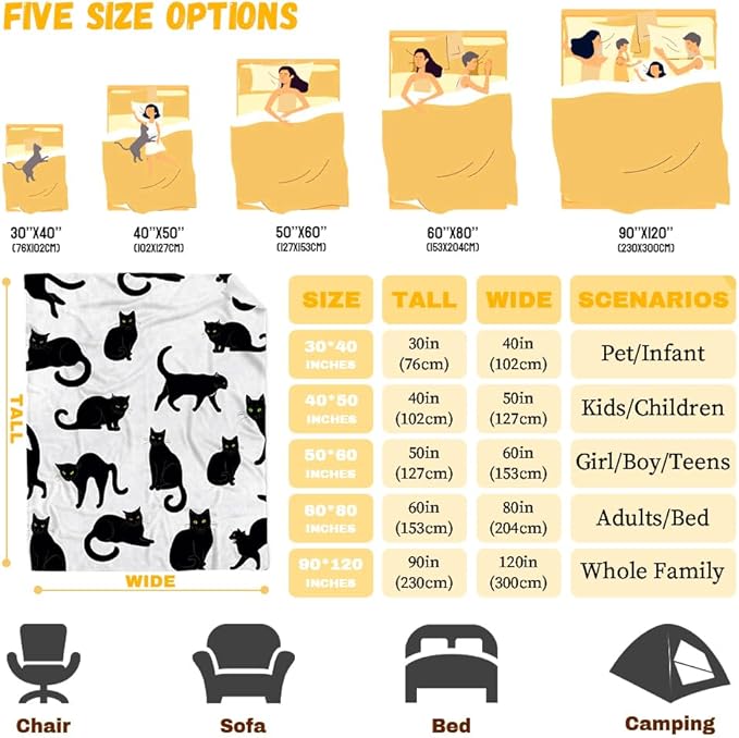 Black Cats Blanket Throw Super Soft and Cozy Blankets for Home Decoration, Couch, Bed, Sofa 40"x30" Extra Small for Pets for All Seasons