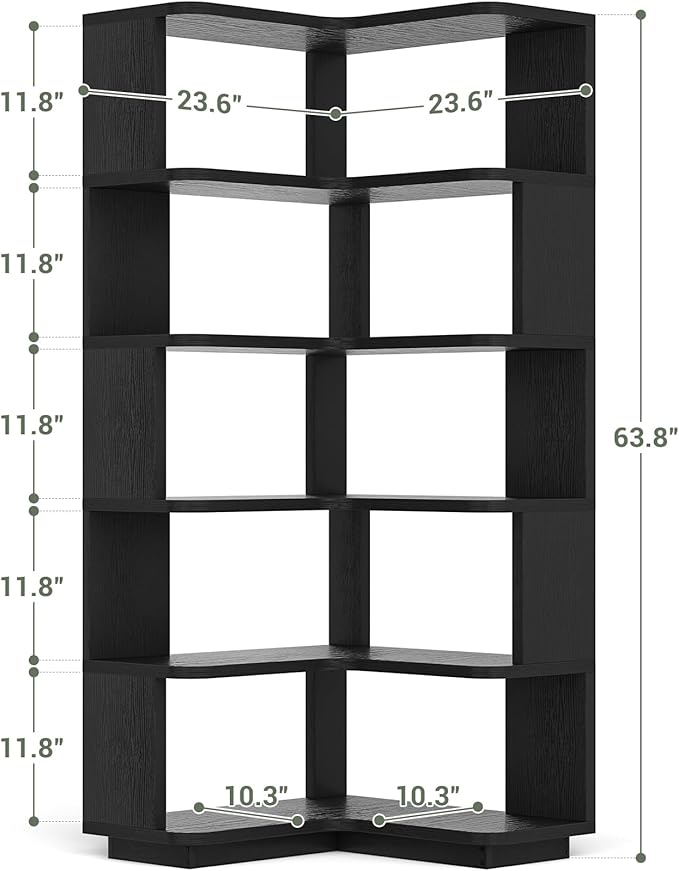 Armocity Corner Book Shelf - 6 Tier Corner Bookshelf Etagere Bookcase with Baffle, Freestanding L Shaped Display Shelf Stand for Home Office, Living Room, Bedroom, Kitchen, Black