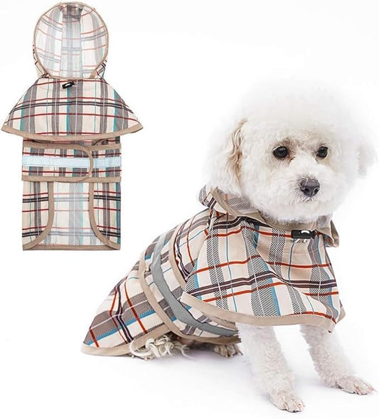 KOOLTAIL Dog Raincoat Hooded Slicker Poncho with Leash Hole, Raincoat for Small Medium Dogs, Waterproof Doggie Rain Jacket with Reflective Strip, Adjustable Breathable Plaid Puppy Rainwear-Beige