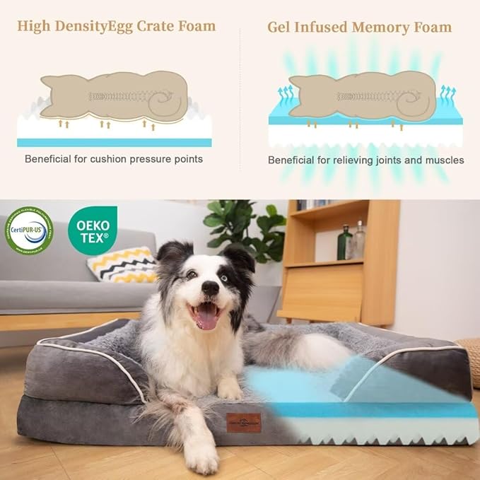 Comfort Expression Orthopedic Dog Bed for Extra Large Dogs 42x30 Inch, Waterproof Supportive Memory Foam XL Pet Bed with Removable Bolster, Dog Couch with Washable Cover & Non-Slip Bottom, Silver Grey