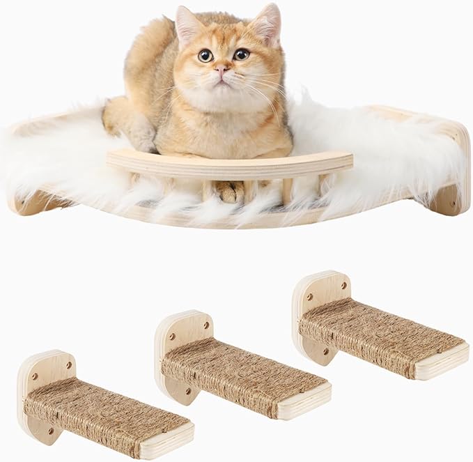 Cat Wall Shelves - 3 Steps Scratch Post & Hammock Bed with Plush Cover, Climbing Shelf for Indoor Cats (Wood)