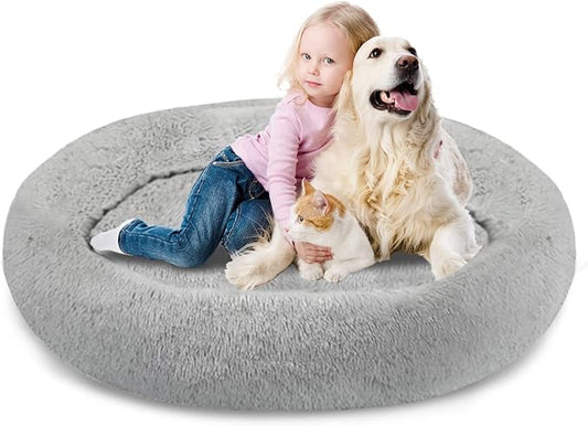 SAVFOX Plush Calming Donut Beds - Comfy Cuddler for Dogs & Cats, Washable Faux Fur, Multiple Sizes XS-XXL
