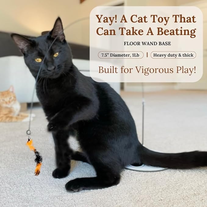 Cat Wand Toy with Round Base – Interactive Feather & Glow-in-The-Dark Octopus Attachments – Suction Cup Cat Toy for Indoor Cats & Kittens