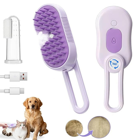 4-in-1 Cat & Dog Steam Deshedding Brush Series - Multi-Function Grooming Tool with Shedding, Cleaning, Massage & Combing -Includes Pet Finger Toothbrush for Dog＆Cat Teeth Cleaning(Purple)