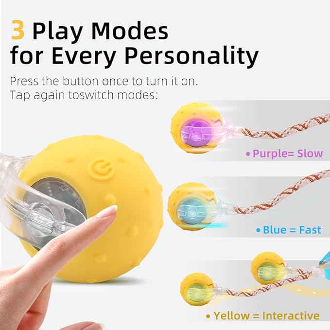 Interactive Cat Toys Ball for Indoor Cats with Elastic Mesh Net Tails – 3 Working Modes for Agile Movement, Motion Activated, USB-C Rechargeable, Ideal for Indoor Cats (Yellow)