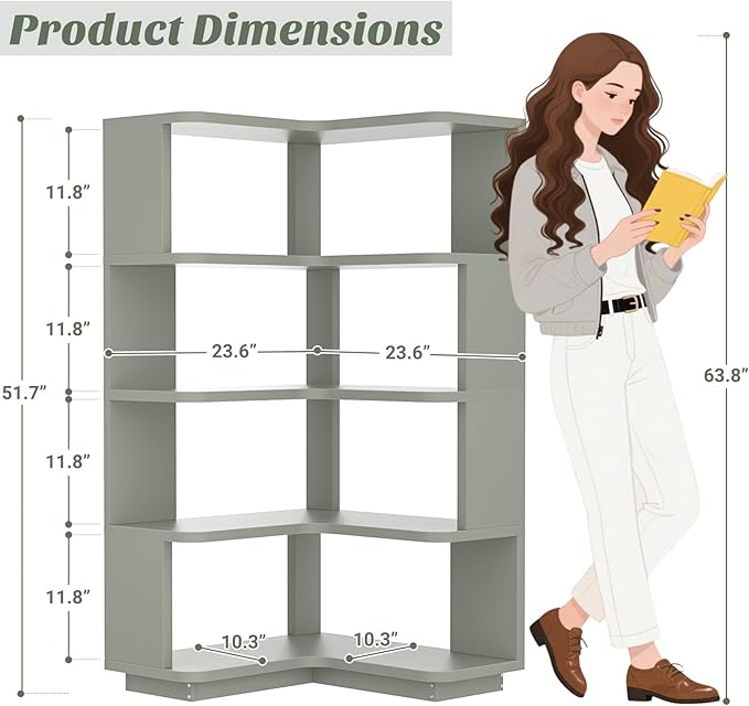 Armocity Corner Book Shelf - 5 Tier Corner Bookshelf Etagere Bookcase with Baffle, Freestanding L Shaped Display Shelf Stand for Home Office, Living Room, Bedroom, Kitchen, Crab Green