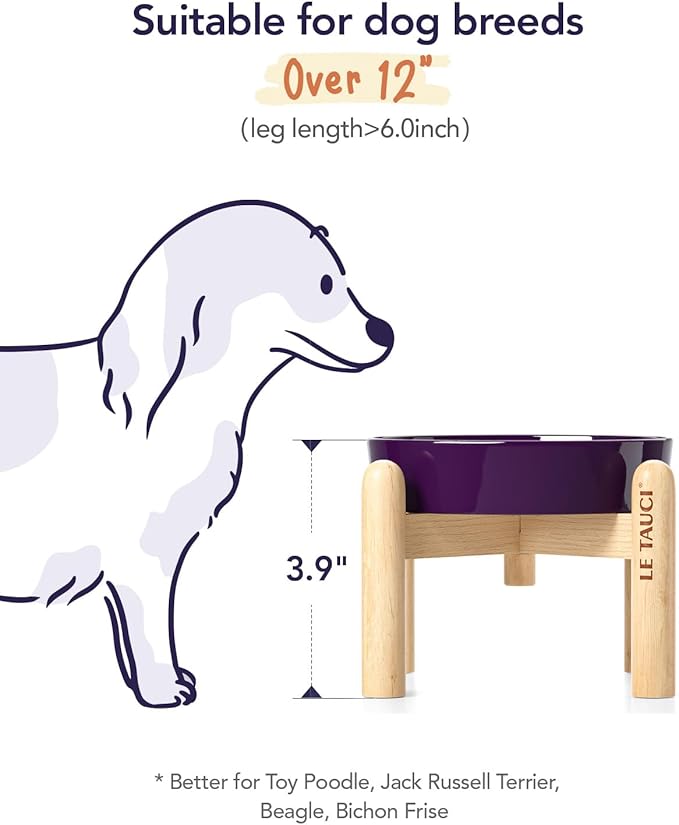 LE TAUCI Ceramic Slow Feed Dog Bowls, Elevated for Small Breeds, Anti-Gulping, Non-Slip, 6 inch, Purple
