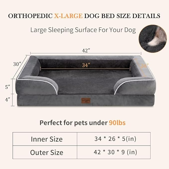 Comfort Expression Orthopedic Dog Bed for Extra Large Dogs 42x30 Inch, Waterproof Supportive Memory Foam XL Pet Bed with Removable Bolster, Dog Couch with Washable Cover & Non-Slip Bottom, Leaden Grey