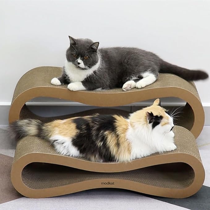 Modkat® Premium 2 Cat Scratcher Set. Large (30L X 10.6H in.) and Small (26.6L X 7H in.) Sizes. Scratch, Play Lounge. High-Grade Cardboard, 100% Recyclable, Reversible.