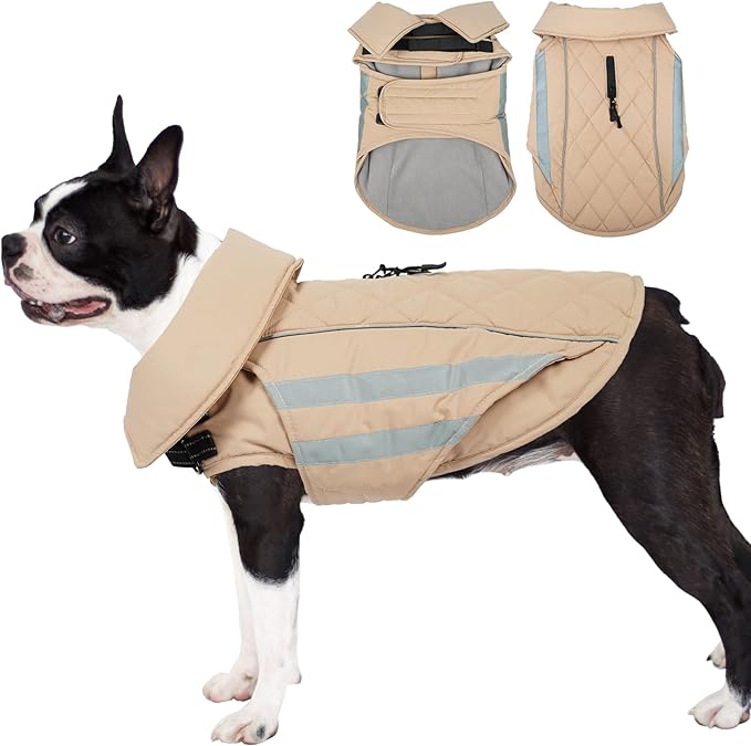 Dog Coats for Medium Dogs Waterproof Warm Winter Jacket with Leash Hole Reflective Turtleneck Fleece Snowsuit Hook & Loop Snow Jackets for Dogs, Khaki M