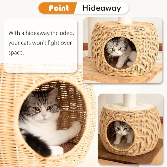 Wood Cat Tree for Large Cat, 63-Inch Tall Cat Tower with Scratching Post for Indoor Cats, Multi-Level Cat Condo with Hand-Woven Cat Bed and Acrylic Bowl Easy to Clean (White 81007s)