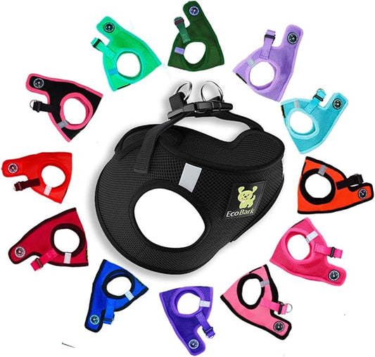 EcoBark Step in Dog Harness - Eco-Friendly Small Breed Harnesses for Small and Medium Dogs - Reflective and Adjustable Mini Body Halter Vest -Tiny Soft Mesh Toy Breed Harness (Black, Large)