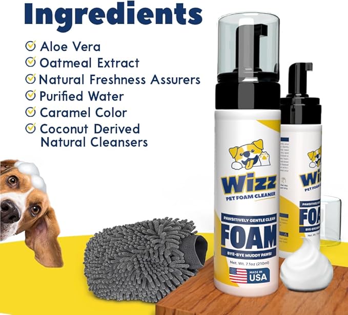 Muddy Mat® Wizz Paw Foam & Pet Grooming Mitt – No-Rinse Cleaner for Dogs Large & Small – Paw Cleanser & Chenille Bath Mitt – Portable Grooming Solution – 7 fl oz