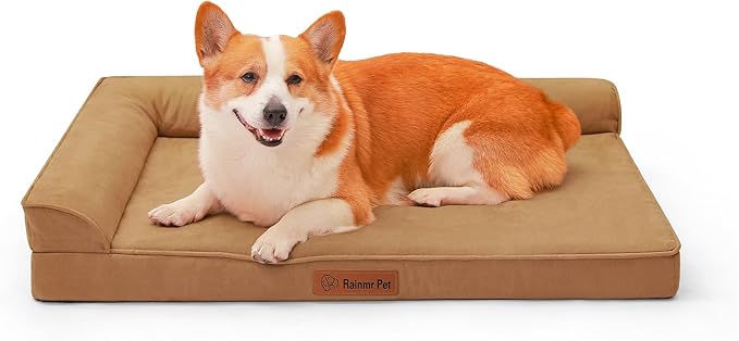 Orthopedic Dog Beds Large Sized Dog, Memory Foam Pet Bed for Medium and Large Dogs, Removable and Washable Microsuede Cover, TPU Waterproof Liner, Nonskid Bottom, 41x27x6 Inches, Khaki
