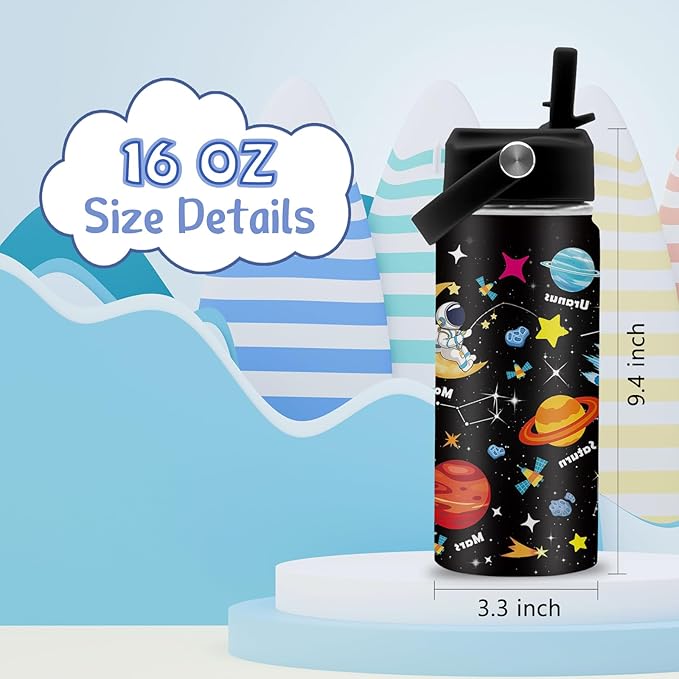 Space Astronomy Gifts, 16 oz Space Water Bottle with Straw Lid, Stainless Steel Insulated Tumbler, Astronaut Planet Birthday Gifts Cups