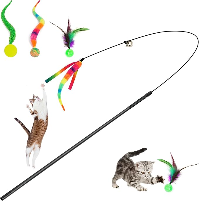 SHENGSEN Feather Wand Cat Toy，Bouncy Ball with Tail Cat Toys，Magic Worm with Large Colorful Ball Toy for Cats，Cat Feather Toys for Indoor Cats,Colorful Fuzzy Worm Bouncy Balls Cat Toy