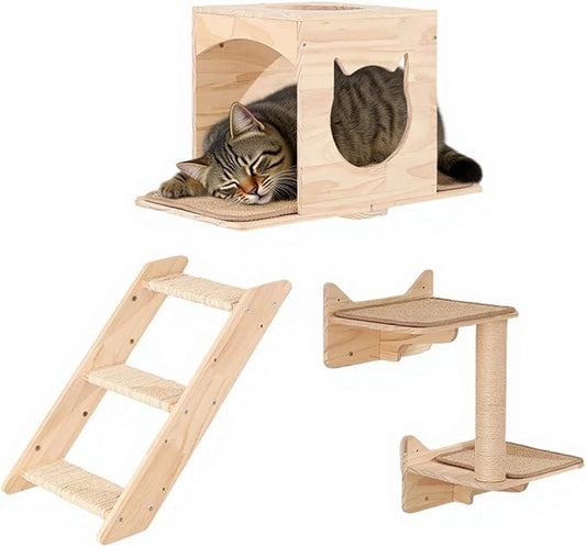 A Cat Wall Shelves Set – 5PCS Extra-Large Mounted Cat Furniture with 2 Wide Platforms, Sisal Scratch Post, Solid Wood Climbing System for Large Indoor Cats