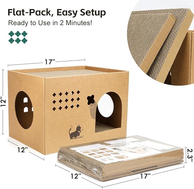 Cardboard Cat House with Catnip 17"L x 12"W x 12"H Large Cat Scratchers Lounge Bed for Indoor Cats with 2 PCS Scratching Pads Condo Corrugated Cat Scratcher& Cat Scratcher Box for Bunny/Cats Animals.