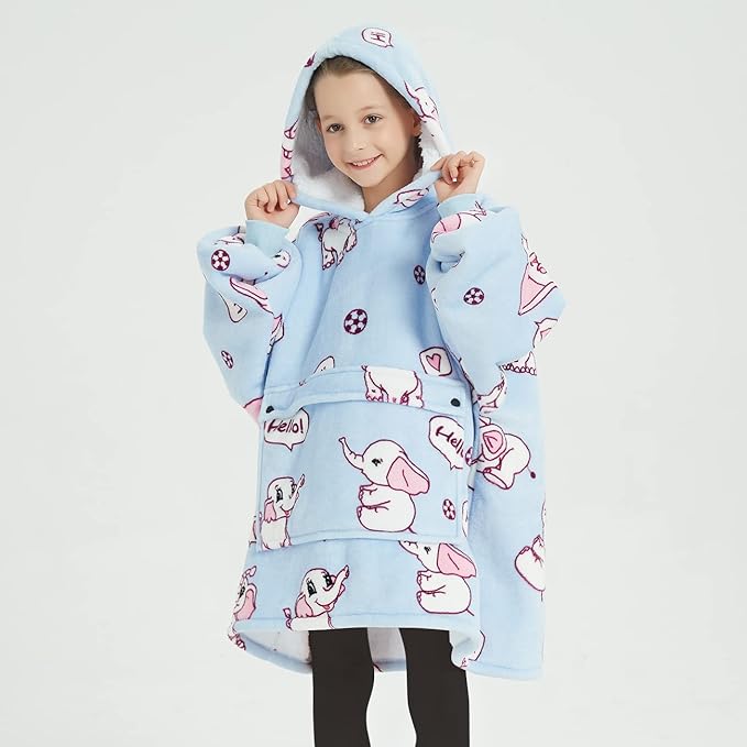 KFUBUO Wearable Blanket Hoodie for Kids Sherpa Patterns Oversized Sweatshirt Blanket With Pocket 6-10 Year Old Girl Boy Birthday Gifts Elephant