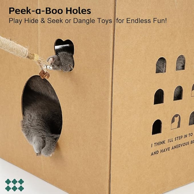 Cardboard Cat House with Catnip 17"L x 12"W x 12"H Large Cat Scratchers Lounge Bed for Indoor Cats with 2 PCS Scratching Pads Condo Corrugated Cat Scratcher& Cat Scratcher Box for Bunny/Cats Animals.