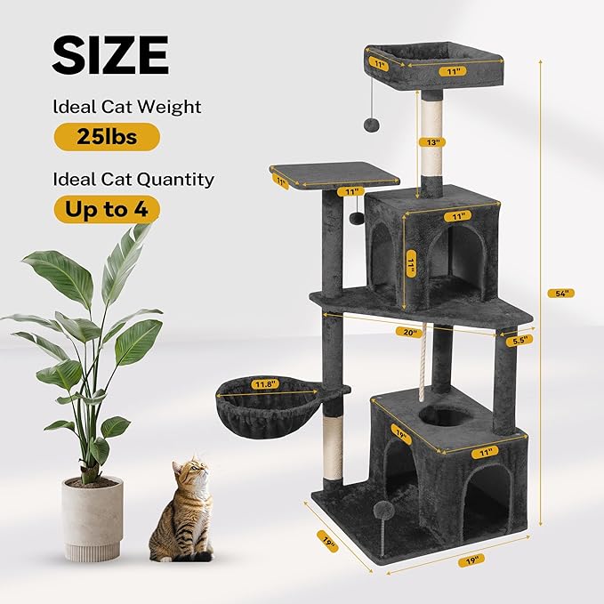 Cat Tree 54-Inch Cat Tower with Padded Plush Perch 2 Comfy Caves, Scratching Posts, Basket, 2 Pompoms, Multi-Level Plush Cat Condo for Indoor Cats Kittens, Dark Gray