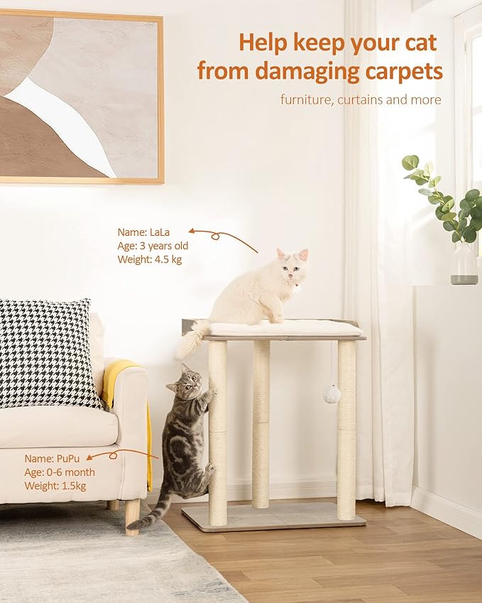 FourFurPets 26.7in Large Cat Tree Tower Condo, Cat Scratch Posts for Indoor Cats, Big Plate, Three 23.6in Full Sisal Scratching Posts, Greige