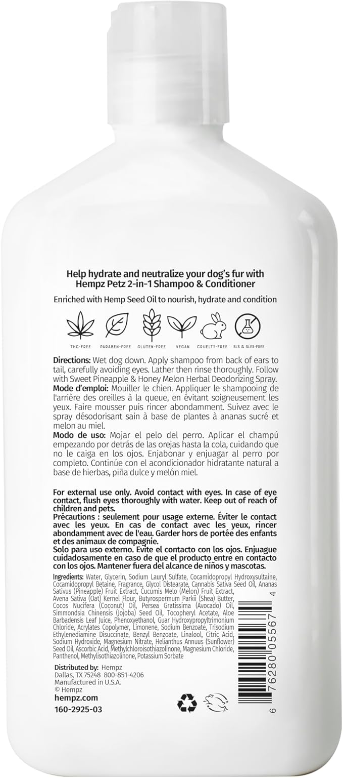 Hempz Petz, Dog Shampoo & Conditioner, Sweet Pineapple Honey Melon 2-in-1 Shampoo and Conditioner, Cleans, Conditions & Moisturizes, 17 fl. Oz
