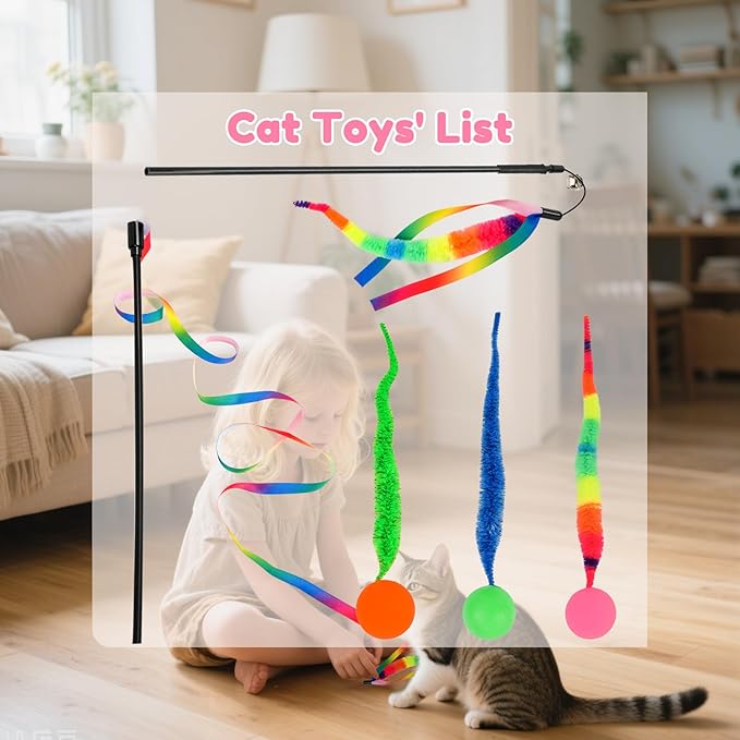 SHENGSEN Feather Wand Cat Toy,Bouncy Ball with Tail Cat Toys,Magic Worm with Large Colorful Ball Toy for Cats,Cat Feather Toys for Indoor Cats,Colorful Fuzzy Worm Bouncy Balls Cat Toy (ADM102-B-3A)
