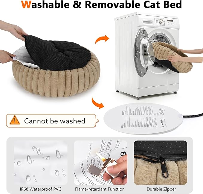INVENHO Heated Cat Beds for Indoor Cats and Small Dogs, 20" Cozy Donut Heated Pet Bed with Timer & Temp Adjustable, Removable Waterproof Electric Warming Bed for Indoor Cat