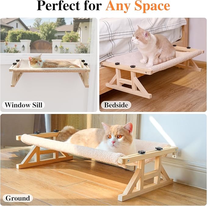 Tresbro 2-IN-1 Cat Window Perch & Elevated Cat Hammock, 26''L × 15.7''W × 10.2"H Wooden Frame Pet Bed for Large Indoor Cats, Easy Setup, Adjustable, No Drilling, Cats Seat for Window, Bedside, Ground