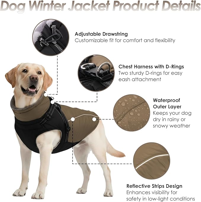 ASENKU Reflective Dog Coat with Built-in Harness, Windproof Fleece-Lined Dog Jacket for Small, Medium, Large Dogs, Warm Winter Vest with Turtleneck & Zipper (Khaki M)