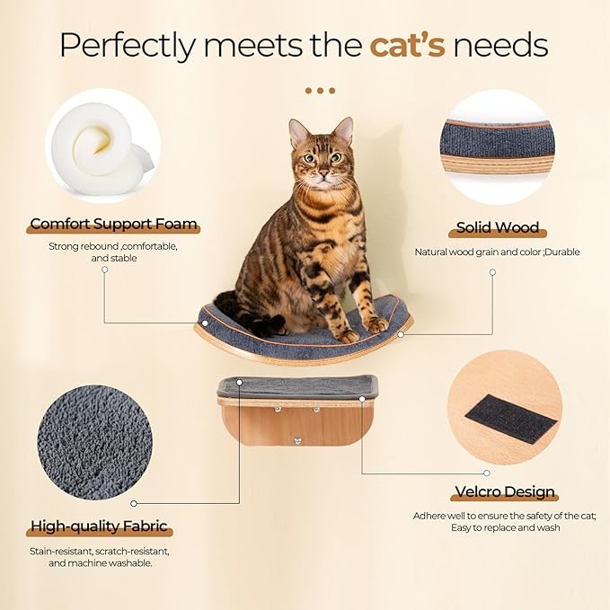 Cat Wall Shelves,Cat Wall Steps and Perch,Stairs,Ladders,Nest,Bed,Modern Wooden Floating Climbing Furniture for Hopping and Sleeping,with Scratching Cushion (Combo)