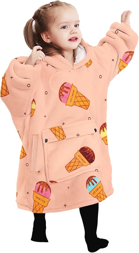 KFUBUO Wearable Blanket Hoodie for Kids Sherpa Patterns Oversized Sweatshirt Blanket With Pocket 6-10 Year Old Girl Birthday Gifts Ice Cream