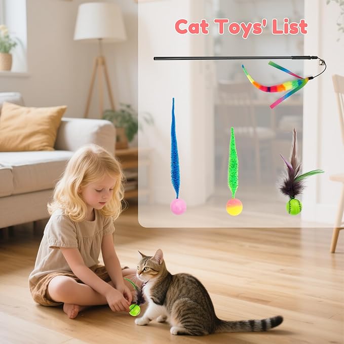SHENGSEN Feather Wand Cat Toy，Bouncy Ball with Tail Cat Toys，Magic Worm with Large Colorful Ball Toy for Cats，Cat Feather Toys for Indoor Cats,Colorful Fuzzy Worm Bouncy Balls Cat Toy