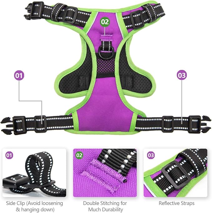 PHOEPET 2019 Reflective Dog Harness Large Breed Adjustable No Pull Vest with with Handle 2 Metal Rings 3 Buckles [Easy to Put on & Take Off](XL, Purple)