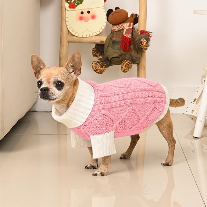 Dog Sweater for Small Dogs Argyle Cable Knit Turtleneck Pullover Winter Clothes Boys Girls Stretch Puppy Doggie Chihuahua Yorkie Pomeranian Toy Poodle Pet (S, Pink)