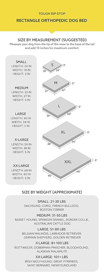K9 Ballistics Tough Ripstop Orthopedic Rectangle Dog Bed Removable Washable Cover, Solid Orthopedic Foam for Size XXL Giant Big Dogs 68"x40", Sandstone