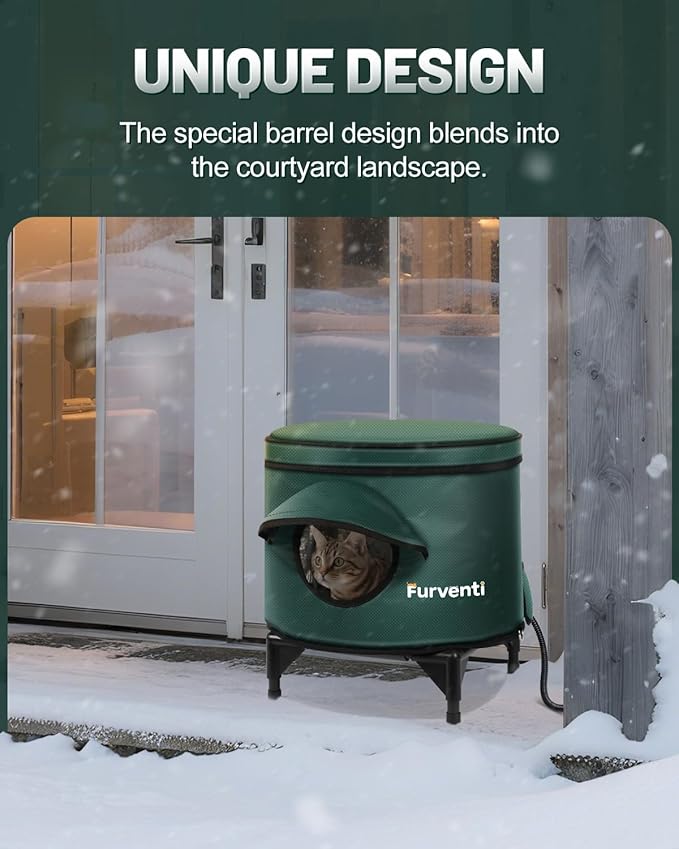 Heated Cat House for Outside,Metal Frame,Barrel Design,Extremely Weatherproof & Insulated in Winter,Elevated Outdoor Cat Shelter with Eaves & Escape Door for Feral Stray Barn Cat(Dark Grey,Large)