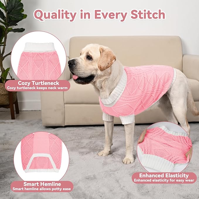 Dog Sweater for Large Dogs Argyle Cable Knit Turtleneck Pullover Winter Clothes Boys Girls Stretch Golden Retriever Labrador Bulldog Pitbull Doberman Pet (XXL, Pink)