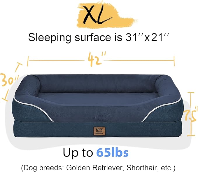 Removable Orthopedic Large Dog Bed -XL Large Dog Beds with Washable Cover and Removable Bolsters Non-Slip Bottom & Waterproof Pet Bed Sofa for Big Size Dogs