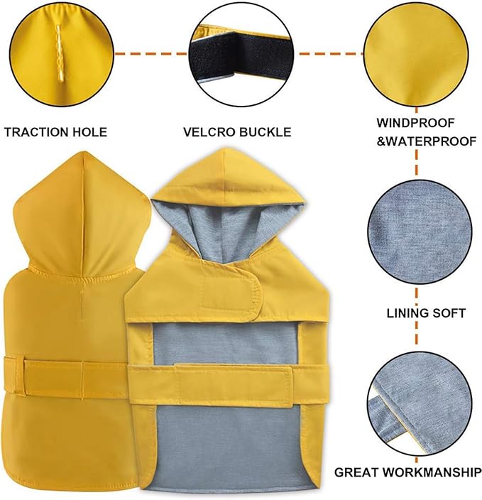 Dog Raincoat Dog Rain Jacket Poncho Waterproof Pet Rain Suit Double Layer Breathable Lining Hooded Leash Hole Adjustable Puppy Small Medium Dogs,Yellow,L