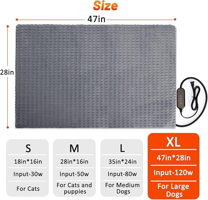 Cat Heating Pad, Waterproof Heated Cat Dog Bed with Adjustable Temperature & Timer, Electric Pet Mat for Indoor Cats Dogs, Chew Resistant Steel Cord（Extra Large : 47"x28" Gray）
