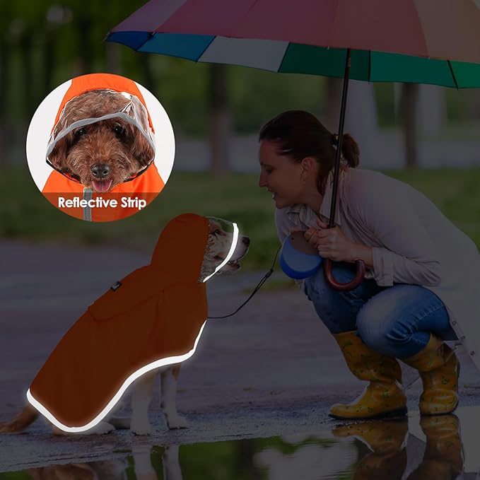 SlowTon Dog Raincoat, Adjustable Dog Rain Jacket Clear Hooded Double Layer, Waterproof Poncho with Reflective Strip Straps and Storage Pocket for Small Medium Large Dogs Puppies(OR S)