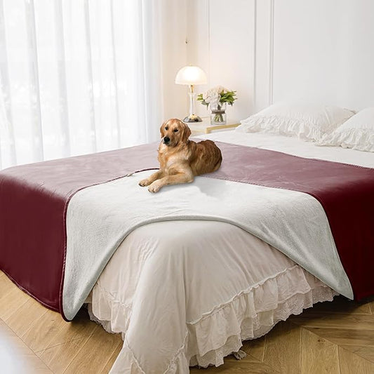Waterproof Blanket for Bed Protection, Washable Dog Blankets for Couch, Soft Reversible Pet Throw Furniture Protector Cover for Sofa-82"x120",Burgundy Red+Cream