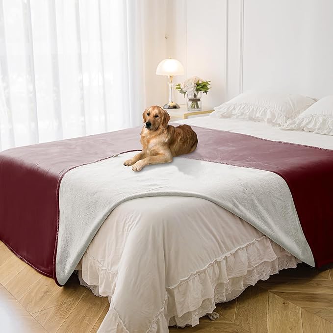 Waterproof Blanket for Bed Protection, Washable Dog Blankets for Couch, Soft Reversible Pet Throw Furniture Protector Cover for Sofa-82"x108",Burgundy Red+Cream