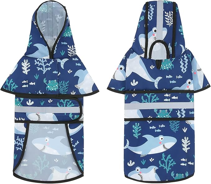 HDE Dog Raincoat Jacket Reflective Adjustable Hooded Pet Poncho Rain Coat with Leash Hole for Small to X-Large Dogs Sharks - M
