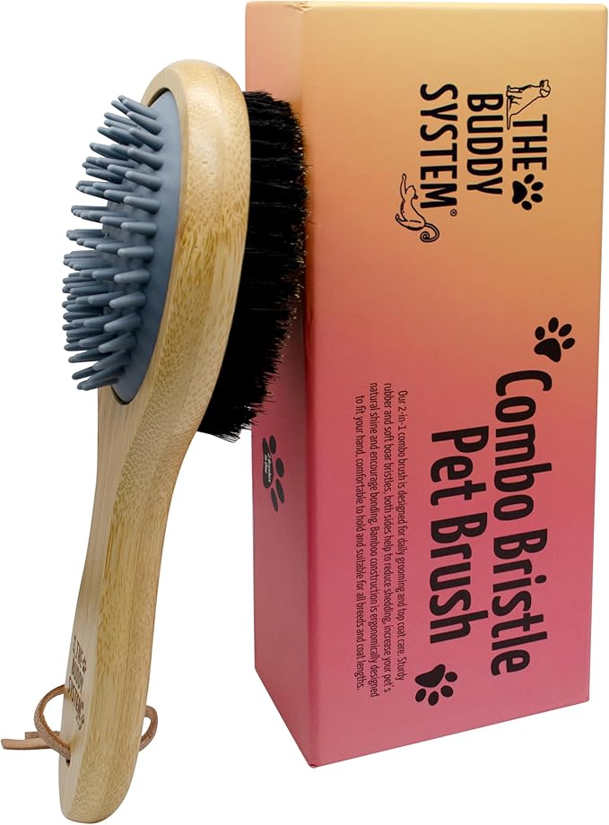 The Buddy System Combo Bristle Pet Brush, 2-in-1 Brush, Durable Rubber Side and Soft Boar Bristle Side - All Pets and Coat Lengths - Top Coat Massage for Cats & Dogs - 1 Pack