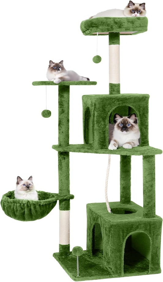 Cat Tree, 54-Inch Cat Tower for Indoor Cats,Plush Multi-Level Cat Condo with Scratching Posts, Basket, Perches,2 Caves,2 Pompoms(Green)